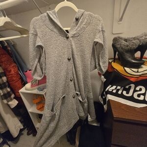 Gray Hooded Button-Up Cardigan